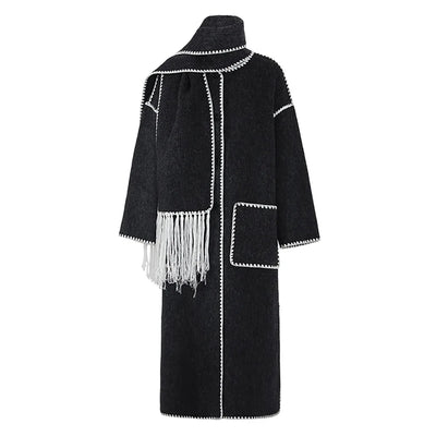 Contrast Long Tassel Scarf Coat