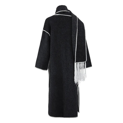 Contrast Long Tassel Scarf Coat